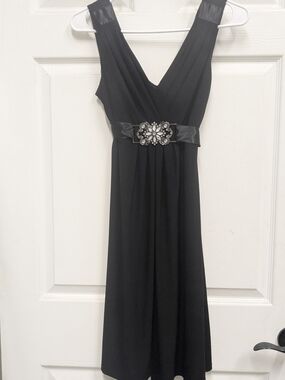 Scarlet Nile Black V-Neck Empire Waist Dress with Embellished Waist, 4 petite